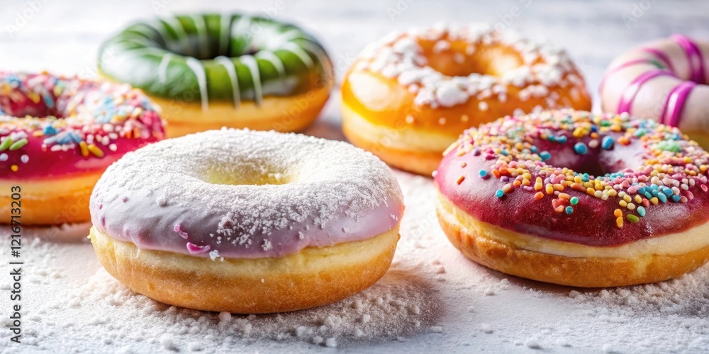 Colorful donuts with swirling icing sugar on a white background, yummy food, baked goods selection, yummy food Colorful donuts with swirling icing sugar on a white background, yummy food, baked goods selection, yummy food