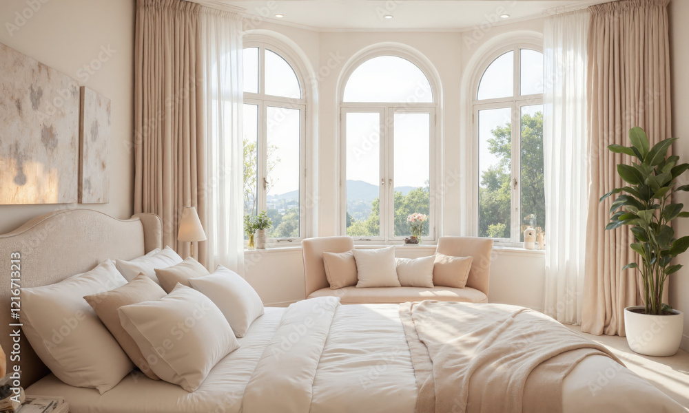 Fototapeta premium A peaceful bedroom with soft pastel tones, plush pillows, and a cozy reading nook by the window A calming