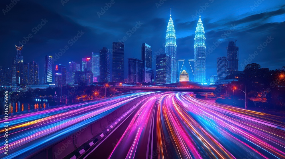 Fototapeta premium A vibrant cityscape at night with light trails and iconic skyscrapers.