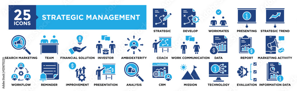 Strategic Management icon collection set. Containing design Strategic Planning, Develop Strategy, Check Workmates, Presenting Information, Strategic Trend Strategic Management icon collection set. Containing design Strategic Planning, Develop Strategy, Check Workmates, Presenting Information, Strategic Trend