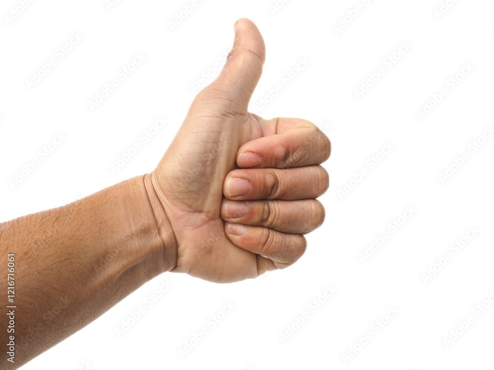 Male hand giving thumbs up isolated on white background, business concept. Male hand giving thumbs up isolated on white background, business concept.