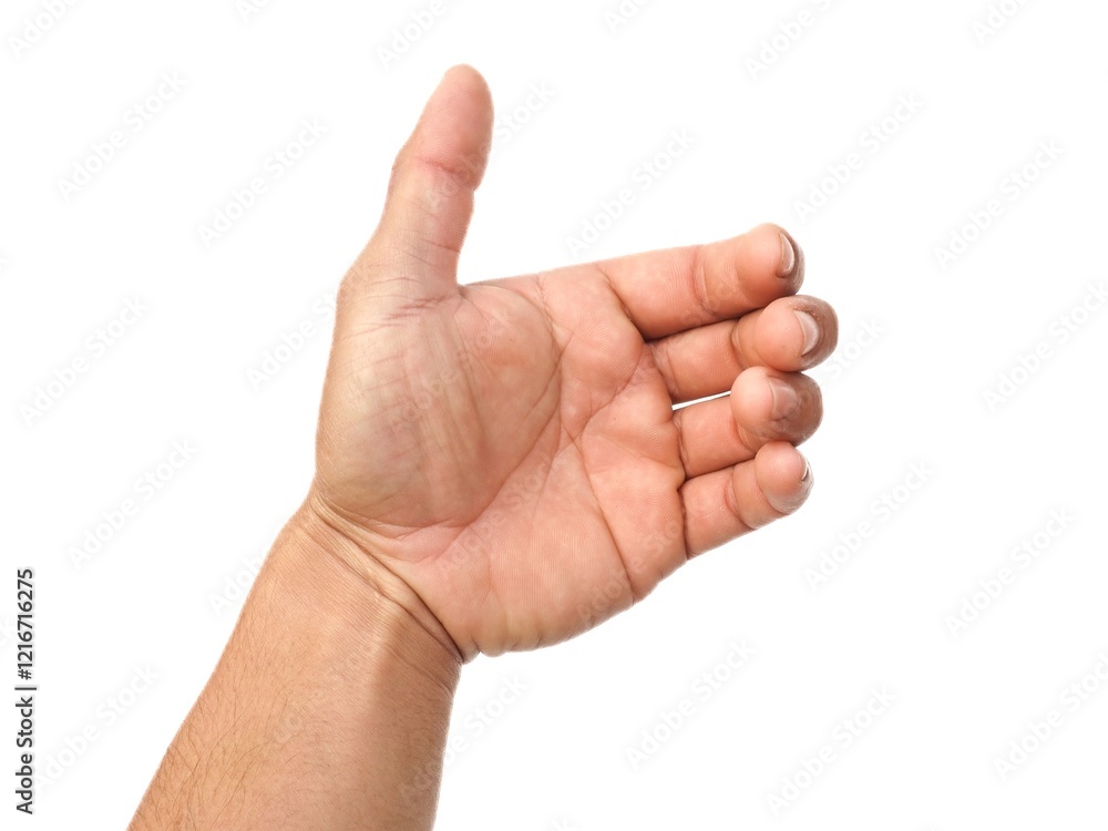 A man acts like he's holding something, like a phone or a water bottle. Or reaching out to handshake isolated on white background. A man acts like he's holding something, like a phone or a water bottle. Or reaching out to handshake isolated on white background.