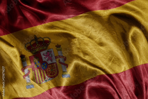 shine waving colourful realistic national flag of spain . macro shot