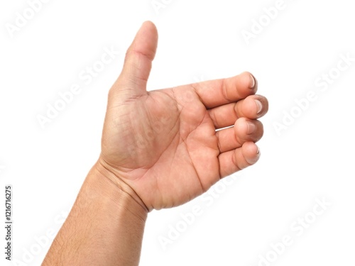 A man acts like he's holding something, like a phone or a water bottle. Or reaching out to handshake isolated on white background.