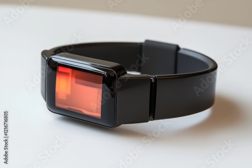 Stylish black wristband with a vibrant orange display, perfect for wearable tech enthusiasts in contemporary settings photo