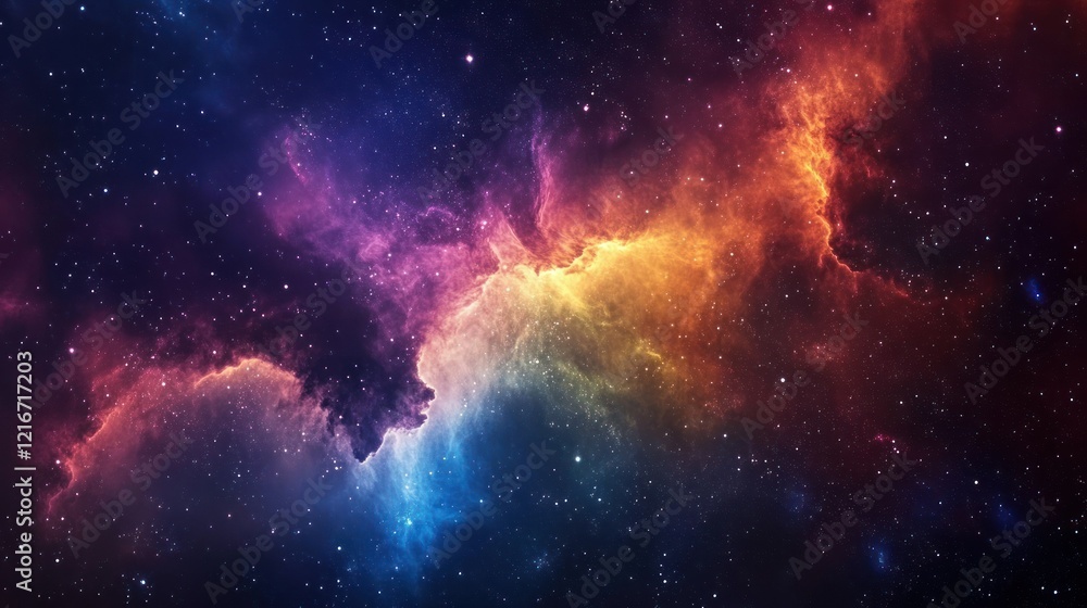 Naklejka premium A vibrant cosmic nebula filled with colorful gases and stars, representing the beauty of space.