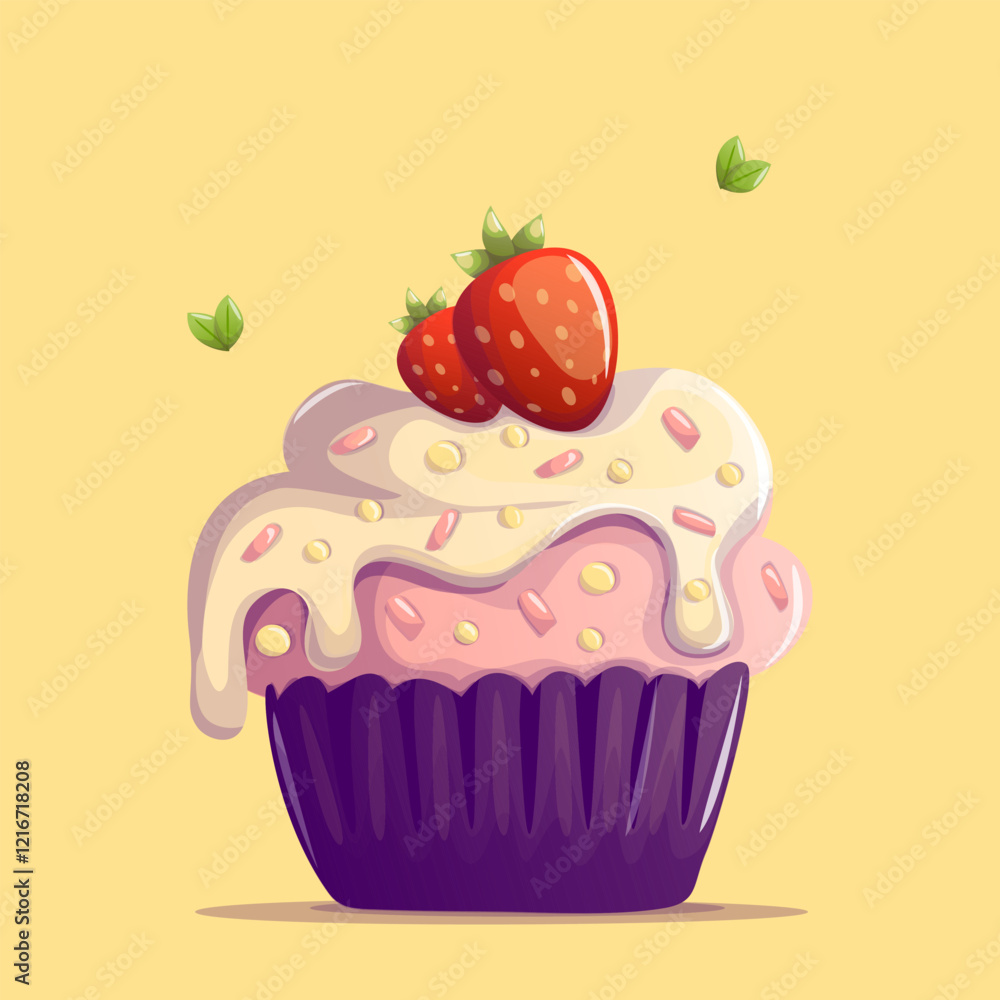 A delightful cupcake with pink frosting, colorful sweet sprinkles, and two juicy strawberries on top. This cheerful dessert radiates a sweet mood, perfect for spreading joy and happiness. A delightful cupcake with pink frosting, colorful sweet sprinkles, and two juicy strawberries on top. This cheerful dessert radiates a sweet mood, perfect for spreading joy and happiness.