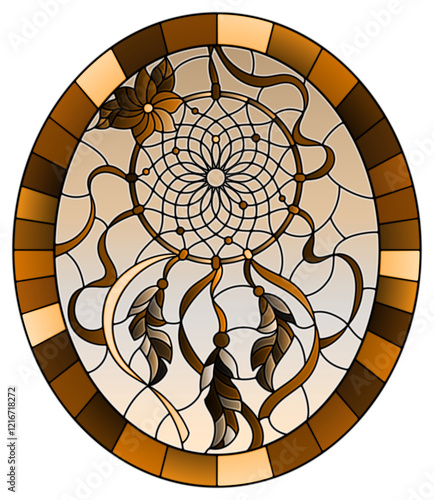 Illustration in stained glass style with dream catcher  on sky background, oval image in frame, tone brown