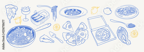 Hand-drawn naive doodle graphics of mediterranean food, pizza, glasses, Italian pasta. Whimsical vector line clipart in trendy dolce vita style. Elegant illustration for invitations, menus, branding.