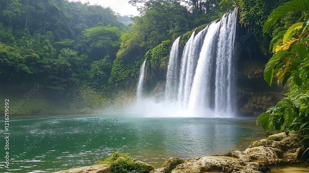 Fototapeta premium Majestic Waterfall Cascading into a Serene Turquoise Pool surrounded by lush greenery