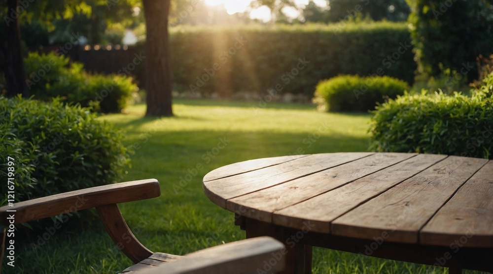 Naklejka premium A Serene Outdoor Setting with Sunlight Streaming Down and Beautiful Greenery Everywhere