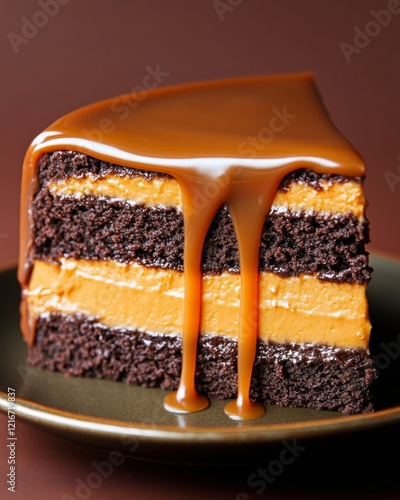 Decadent Chocolate and Caramel Cake Slice Aesthetic Confectionery Delight on Ceramic Plate - Premium Dessert for Gourmet Marketing and Bakery Merchandising photo