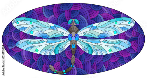 An illustration in the style of a stained glass window with a bright dragonfly on a blue wavy background