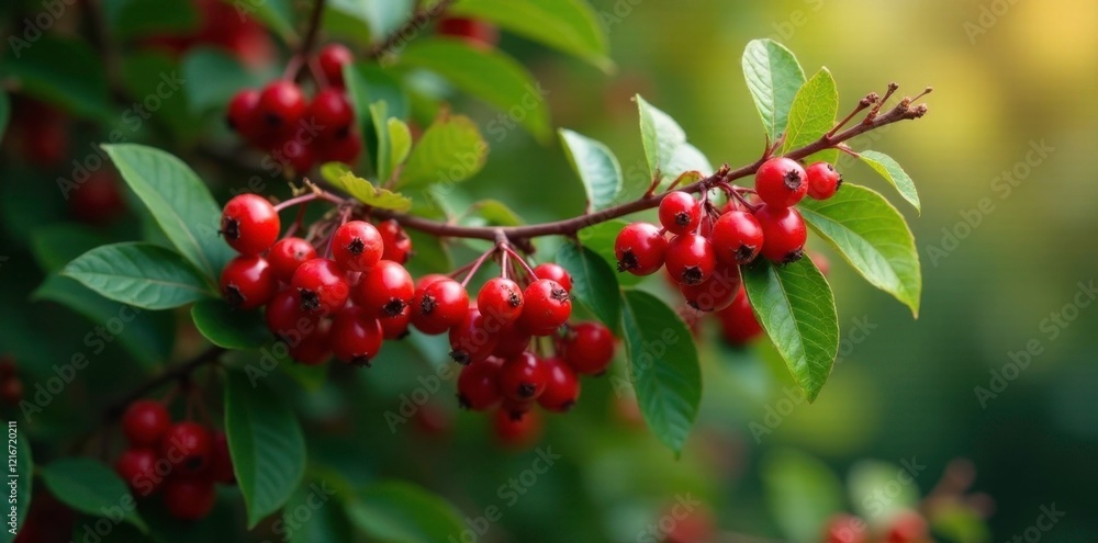 Dense foliage of Lonicera xylosteum covered in bright red berries, berry red, branches Dense foliage of Lonicera xylosteum covered in bright red berries, berry red, branches