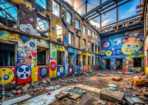 Abandoned Kyiv Building, Social Media Logos Graffiti, Post-War Urban Exploration, December 2022 photo