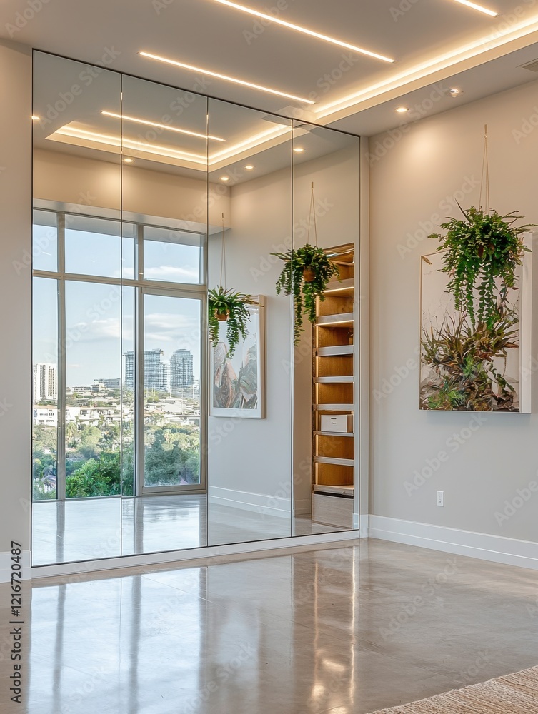 Obraz premium Modern interior with large mirrors and stylish decor elements.