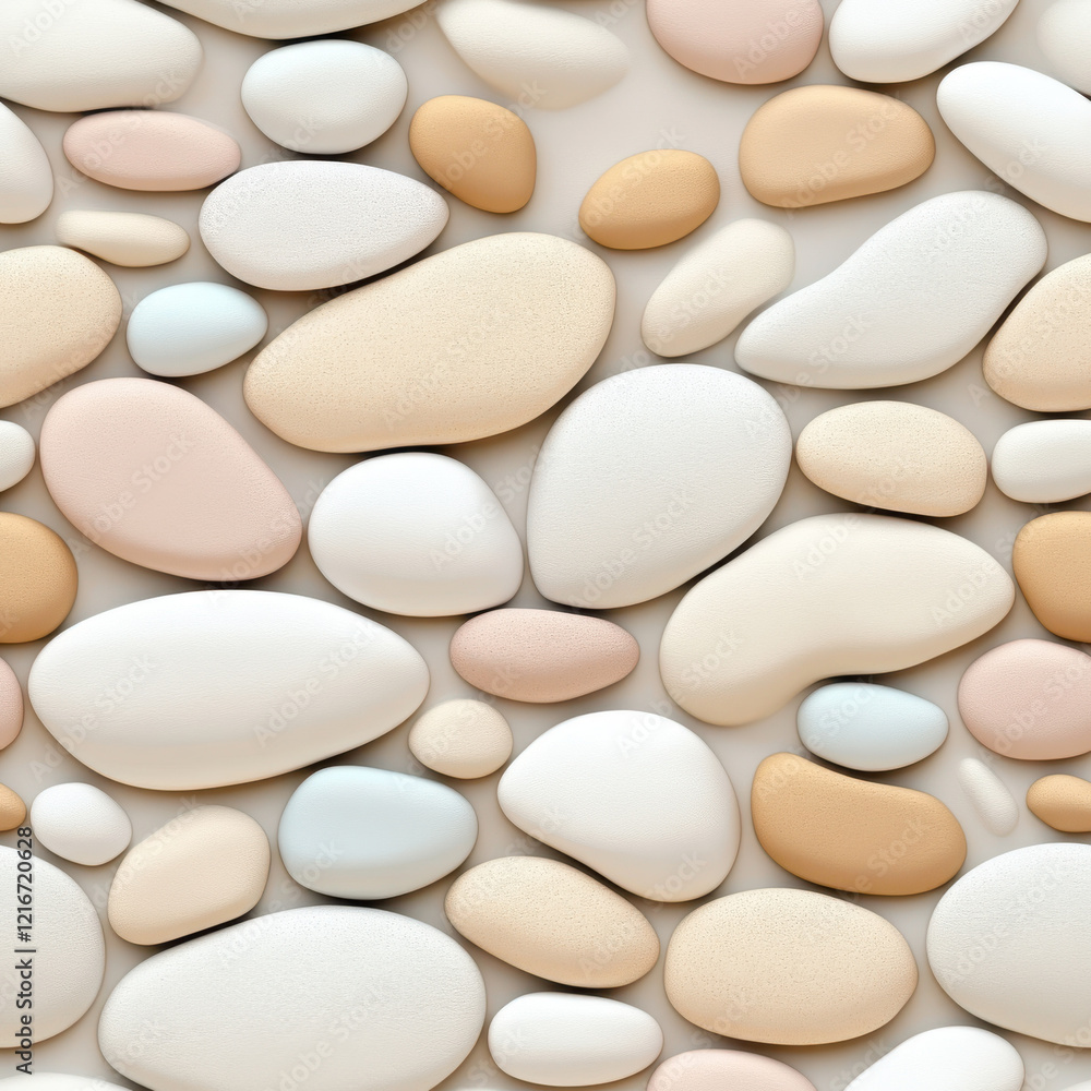 Smooth pebbles in various shades of beige, cream, and pastel colors create serene and calming background. arrangement showcases natural textures and shapes, perfect for design projects Smooth pebbles in various shades of beige, cream, and pastel colors create serene and calming background. arrangement showcases natural textures and shapes, perfect for design projects