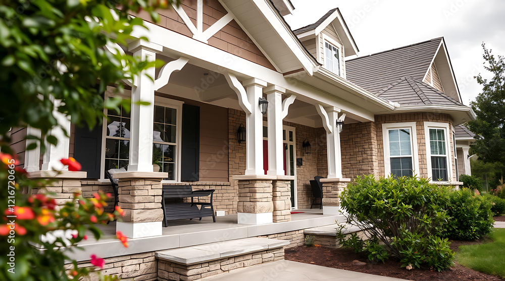 Fototapeta premium Dream House Exterior: Brick and Stone Facade, Landscaping, and Porch Design