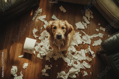 A cheerful dog is surrounded by shredded toilet paper in a living room. The playful canine looks up, seemingly proud of its messy handiwork, creating a lively scene photo