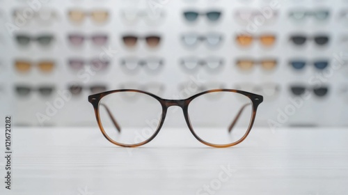 Image of a contemporary optical shop interior featuring a Snellen eye test chart and display of various eyeglass frames and the vision assessment and eyewear services offered photo