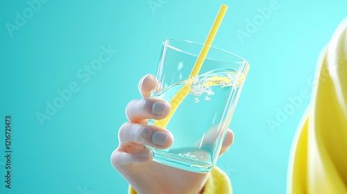 Skip the Straw Day and reduce plastic waste Concept. Refreshing Glass of Water with Yellow Straw photo