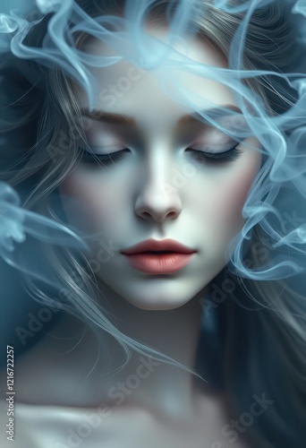 Wallpaper Mural Portrait of a Woman with Blonde Hair, Blue Fog and Striking Features Fantasy Wallpaper Background Torontodigital.ca