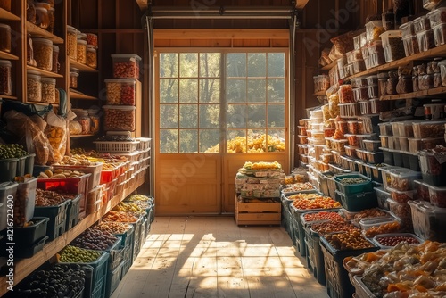 Bright sunlight streams into the barn, illuminating shelves stocked with colorful food containers filled with various stews, ready for communal meals and events