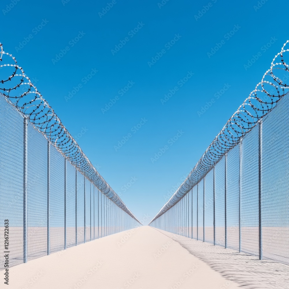 Fototapeta premium Industrial Security Design High-Security Barbed Wire Fencing under Clear Sky - Border Management Infrastructure and Risk Mitigation Solutions