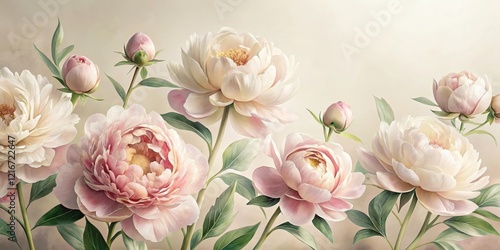 Fototapeta Naklejka Na Ścianę i Meble -  Delicate peonies unfurl petals on soft ivory paper background