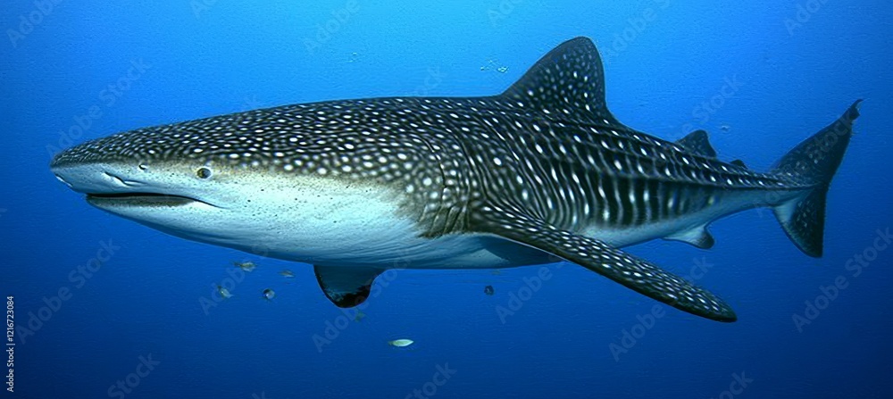 Naklejka premium A Majestic Whale Shark, Rhincodon Typus, Glides Effortlessly Through The Tropical Blue Ocean