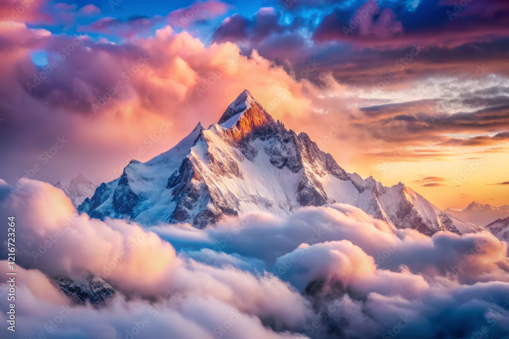 Majestic pastel mountains rise above dreamy clouds at sunset Majestic pastel mountains rise above dreamy clouds at sunset