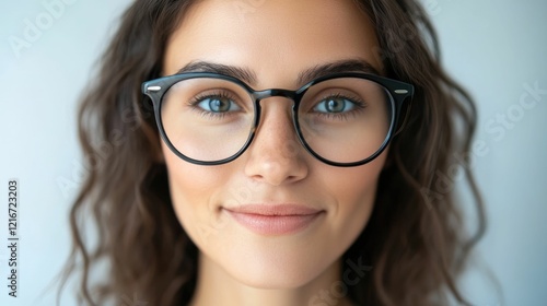 Confident smiling woman wearing stylish prescription glasses with anti reflective coatings that provide glare free clarity and sharp precise vision photo