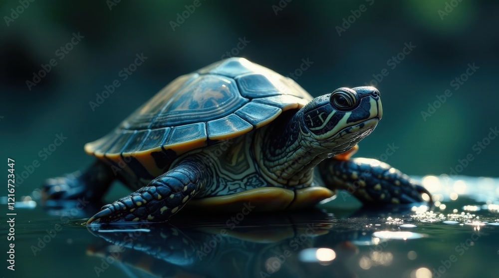 A small turtle, dark shell and yellow accents, gracefully emerges from dark water, reflecting the sunlight A small turtle, dark shell and yellow accents, gracefully emerges from dark water, reflecting the sunlight