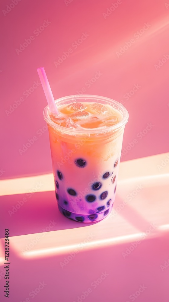 A vibrant photo of iced bubble tea with tapioca pearls in a clear cup, set against a pink background. A vibrant photo of iced bubble tea with tapioca pearls in a clear cup, set against a pink background.