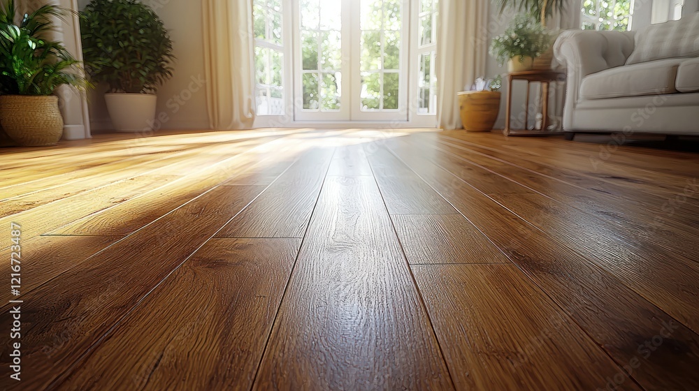 Sunlit hardwood floor in living room with open French doors to garden Sunlit hardwood floor in living room with open French doors to garden