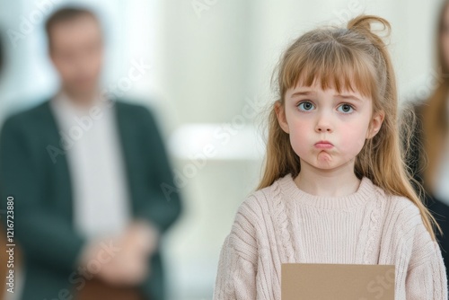 Confused child observes adults discussing decisions about their future without considering their feelings or perspective photo