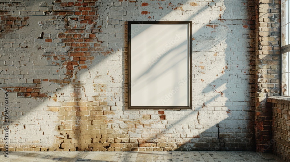 Naklejka premium blank frame picture template mockup on old retro brick wall sunlight from window