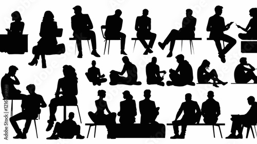 Set of people sitting silhouette illustration. Person pose while sit down.vektor.