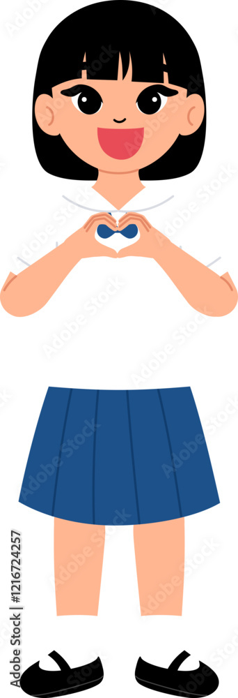 smiling girl wearing Thai middle school uniform making hand heart illustration