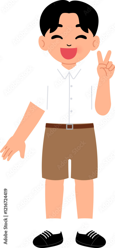 smiling boy wearing Thai school uniform with short khaki brown pants making two finger, peace illustration smiling boy wearing Thai school uniform with short khaki brown pants making two finger, peace illustration