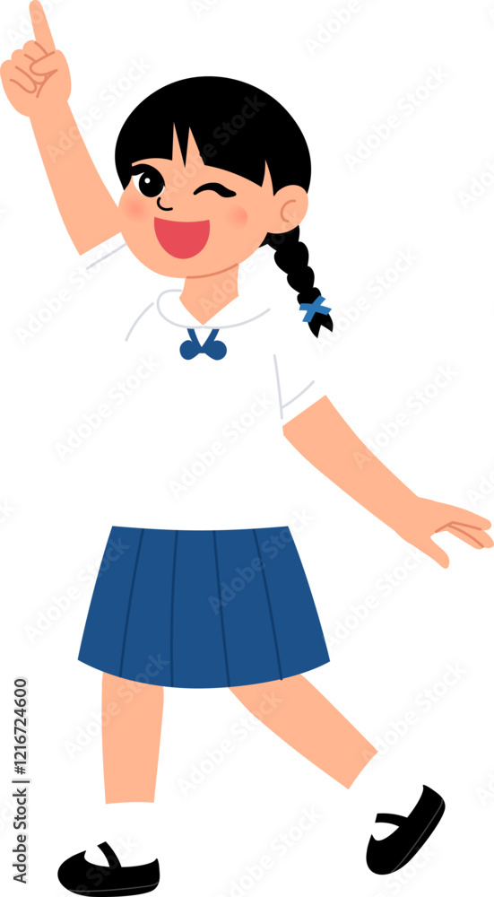 smiling girl wearing Thai middle school uniform pointing finger up illustration smiling girl wearing Thai middle school uniform pointing finger up illustration