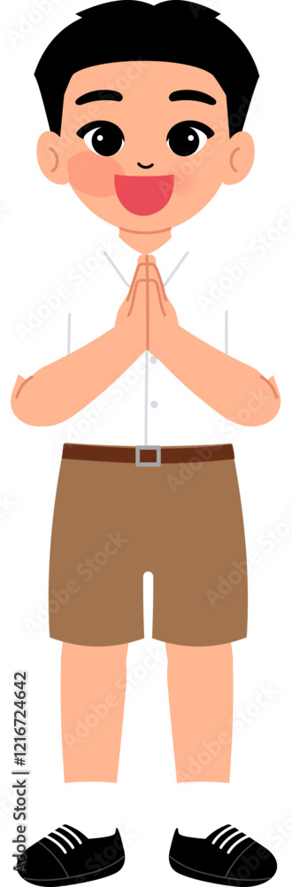 smiling boy wearing Thai school uniform with short khaki brown pants Thai greeting , Sawasdee illustration smiling boy wearing Thai school uniform with short khaki brown pants Thai greeting , Sawasdee illustration