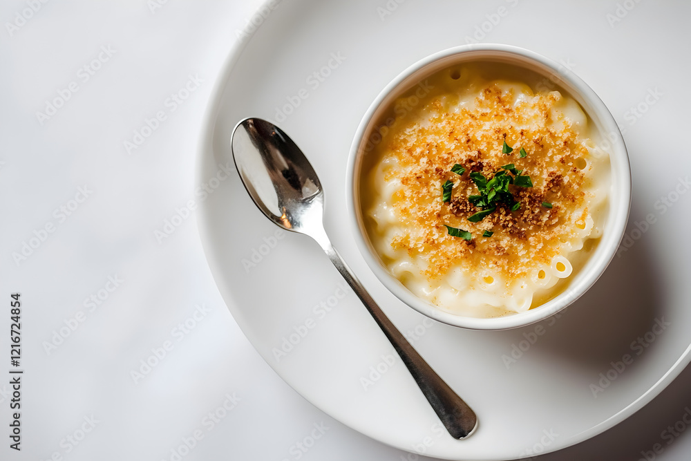 Delicious Bowl of Creamy Mac and Cheese Topped with Golden Breadcrumbs and Fresh Herbs, Served on a White Plate with a Silver Spoon – Perfect for Comfort Food Photography and Recipe Promotion Projects Delicious Bowl of Creamy Mac and Cheese Topped with Golden Breadcrumbs and Fresh Herbs, Served on a White Plate with a Silver Spoon – Perfect for Comfort Food Photography and Recipe Promotion Projects