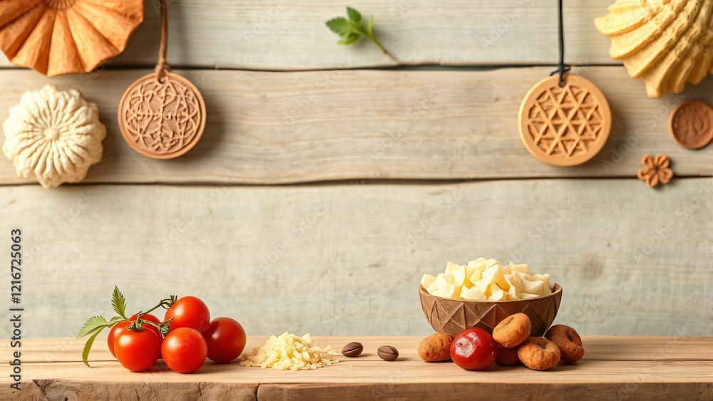 Rustic Wooden Background with Cheese, Tomatoes, and Decorative Ornaments Rustic Wooden Background with Cheese, Tomatoes, and Decorative Ornaments