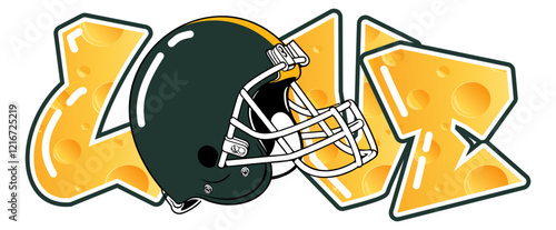 love - gold and green football player helmet, sport vector graphics, hockey, for street art - graffiti lettering typography - art illustration - Cheese background decoration

