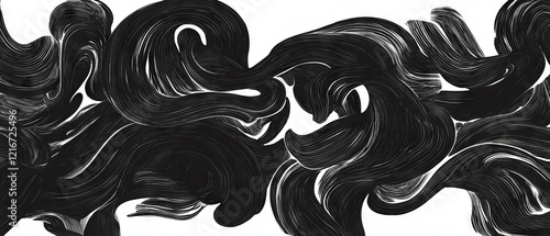 Swirling black ink patterns create a dynamic contrast on a white background photo