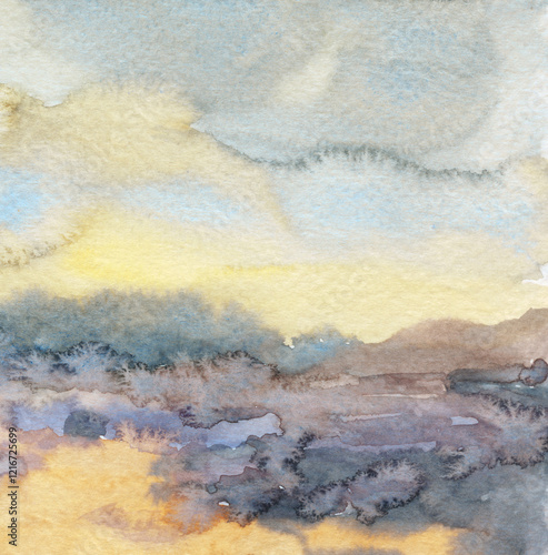 Watercolour landscape. Versatile artistic image for creative design projects: posters, banners, covers, cards, prints, wallpapers. Traditional artist-made art. Raster illustration.