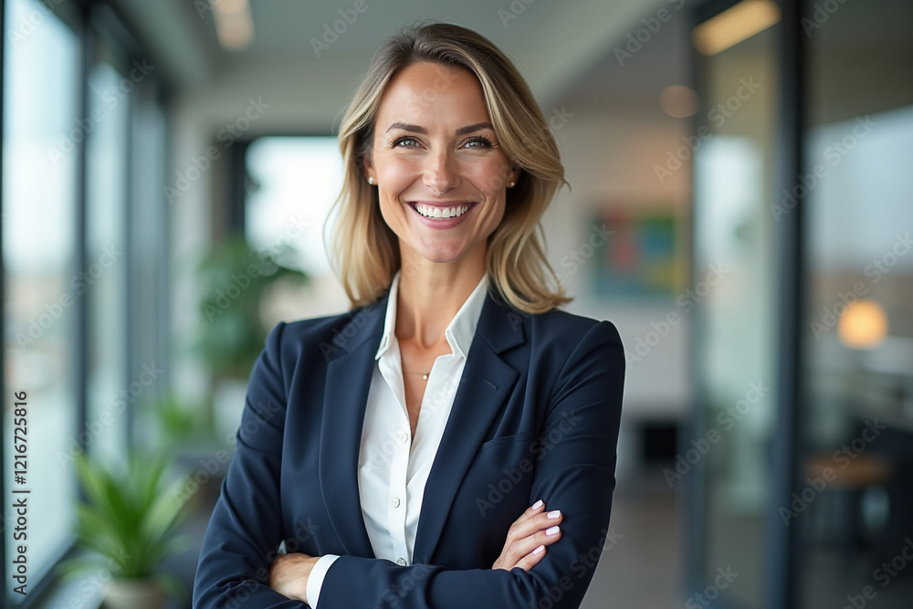 Confident Businesswoman Smiling in a Modern Office Environment Confident Businesswoman Smiling in a Modern Office Environment