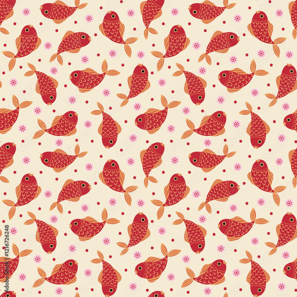 Chinese New Year stylized lucky koi fish on beige vector seamless pattern design. Chinese New Year stylized lucky koi fish on beige vector seamless pattern design.