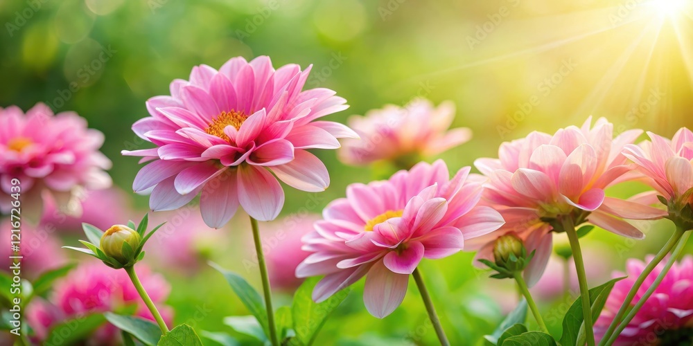 Fototapeta premium Exotic pink flowers with delicate petals and soft colors in a lush greenery background , colorful, garden, colorful, garden